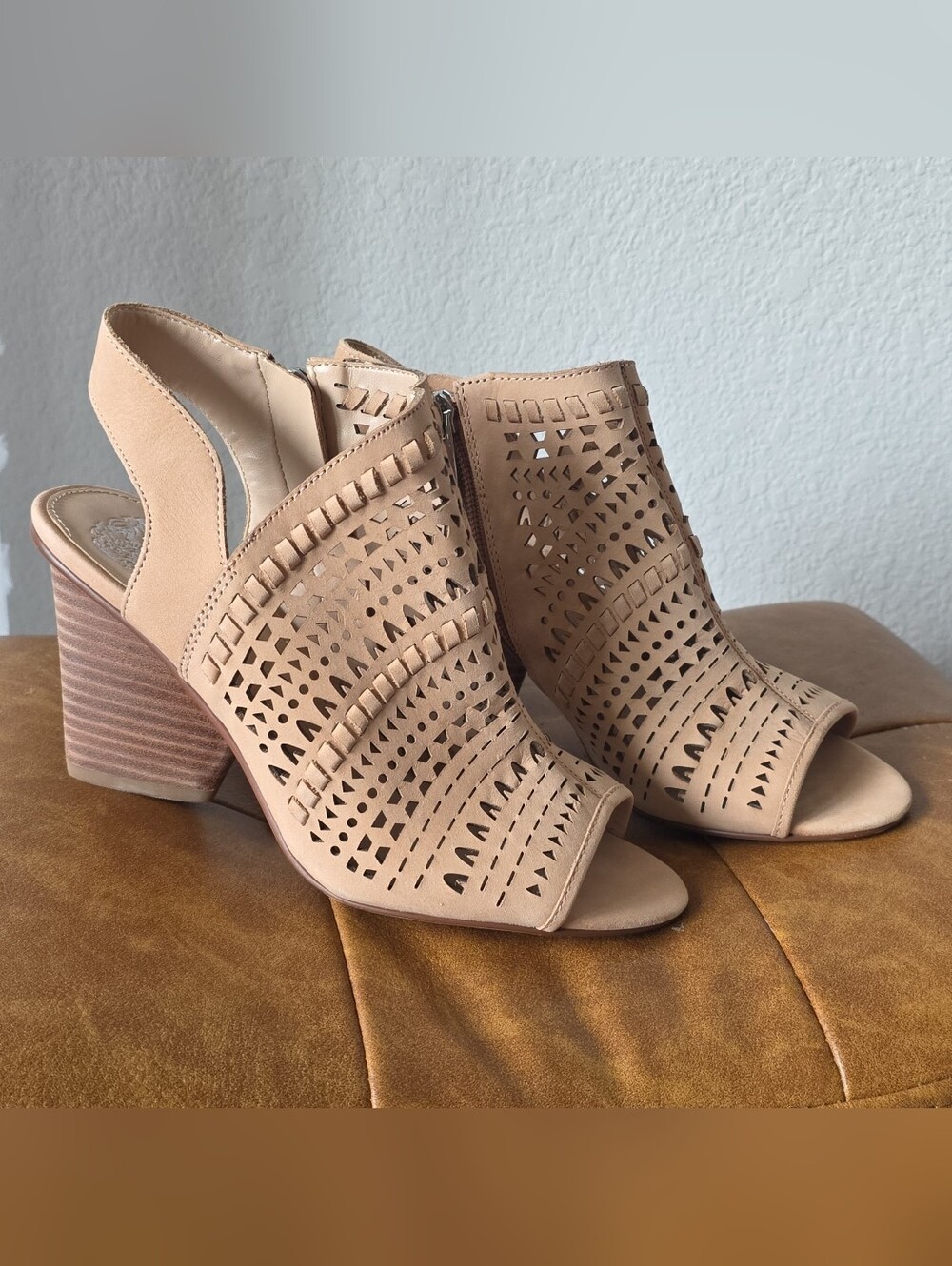 Vince Camuto Beige Laser-Cut Peep-Toe Block Heel Sandals